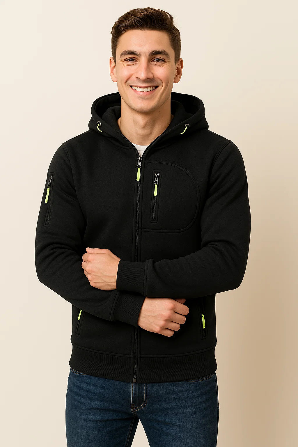 Weicher Herren-Fleece-Kapuzenpullover mit Reißverschluss und Taschen