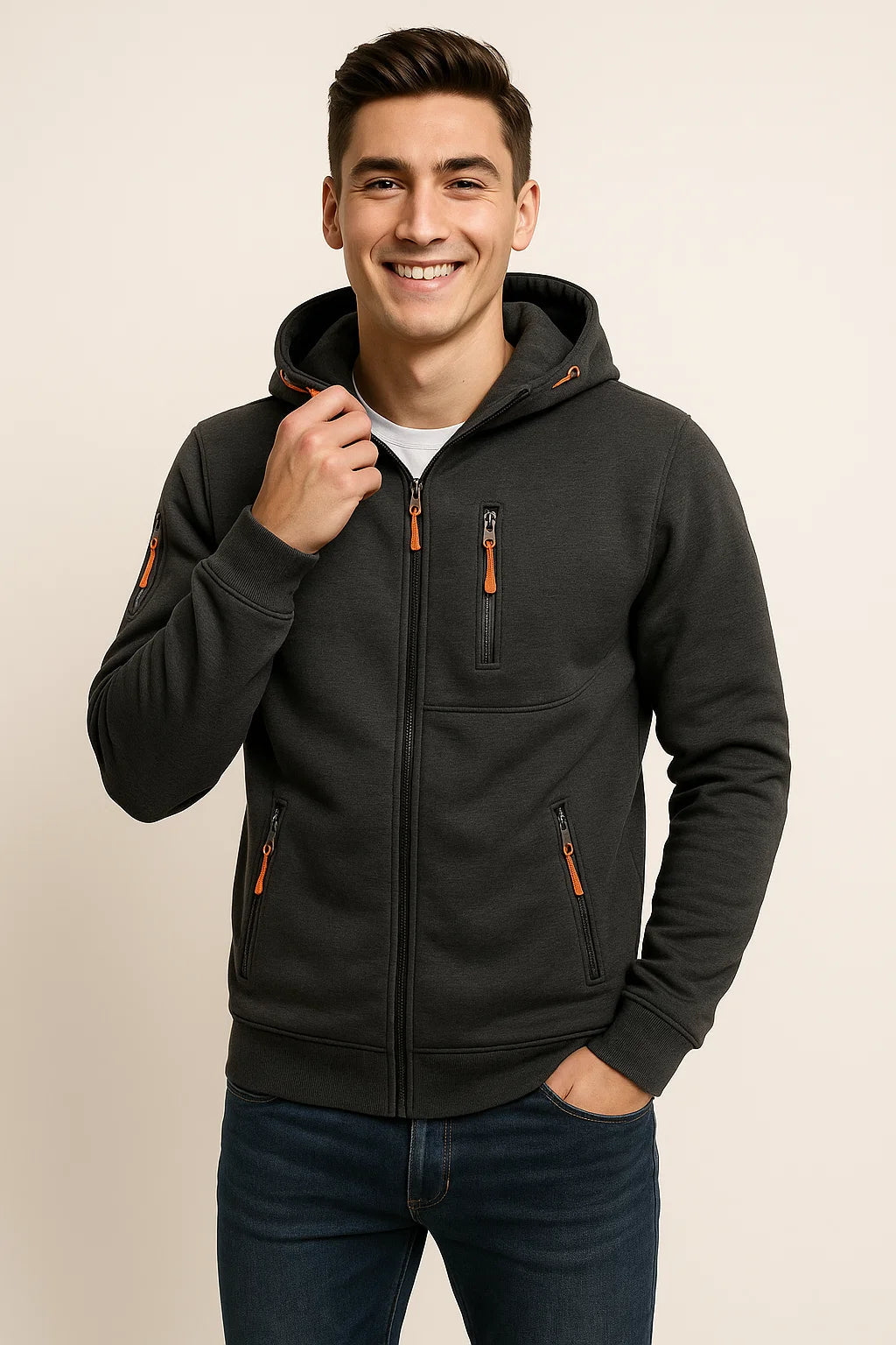 Weicher Herren-Fleece-Kapuzenpullover mit Reißverschluss und Taschen