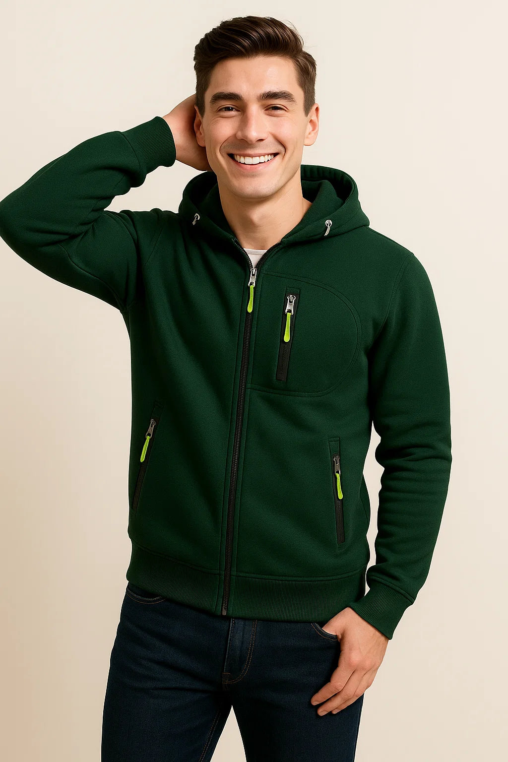 Weicher Herren-Fleece-Kapuzenpullover mit Reißverschluss und Taschen
