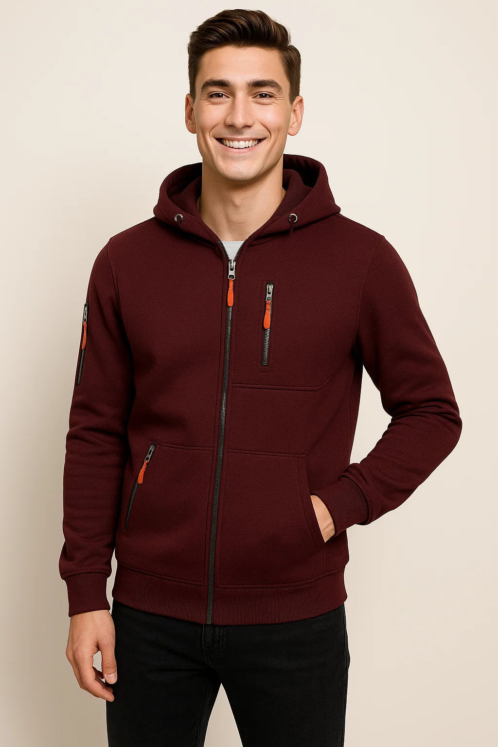 Weicher Herren-Fleece-Kapuzenpullover mit Reißverschluss und Taschen
