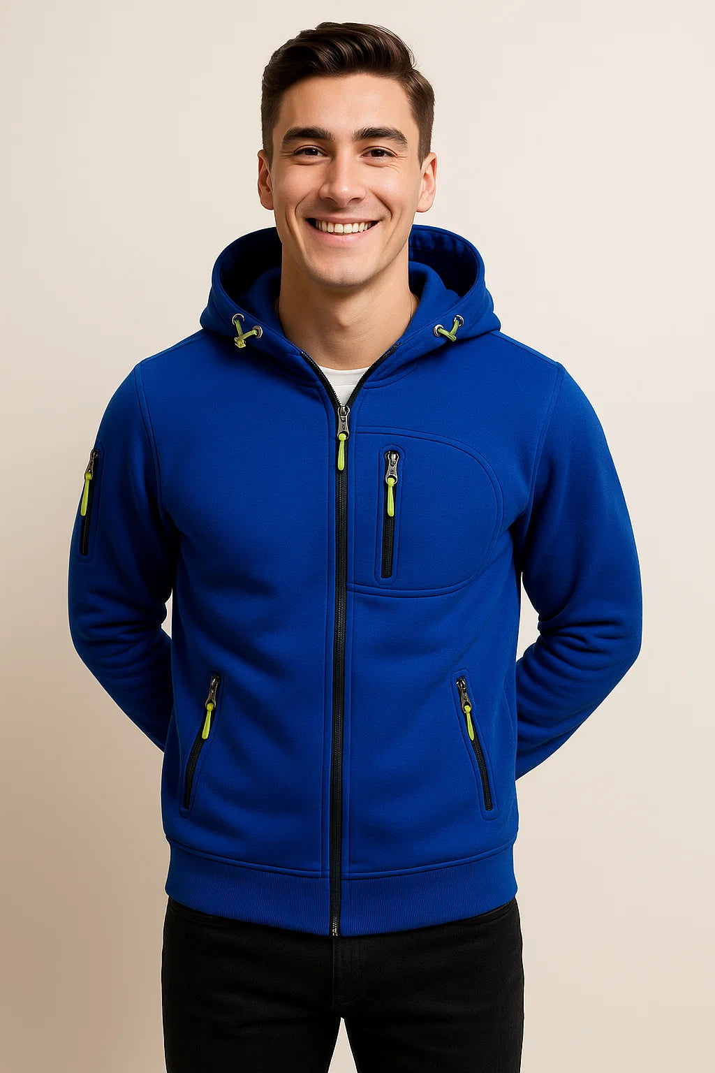 Weicher Herren-Fleece-Kapuzenpullover mit Reißverschluss und Taschen