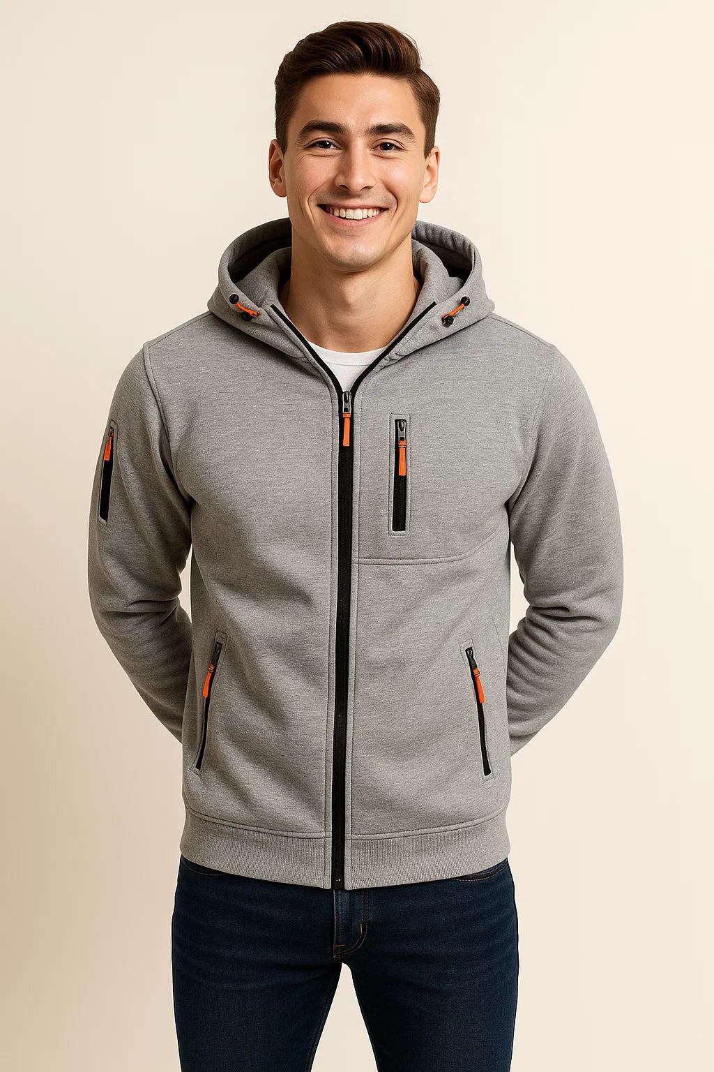 Weicher Herren-Fleece-Kapuzenpullover mit Reißverschluss und Taschen