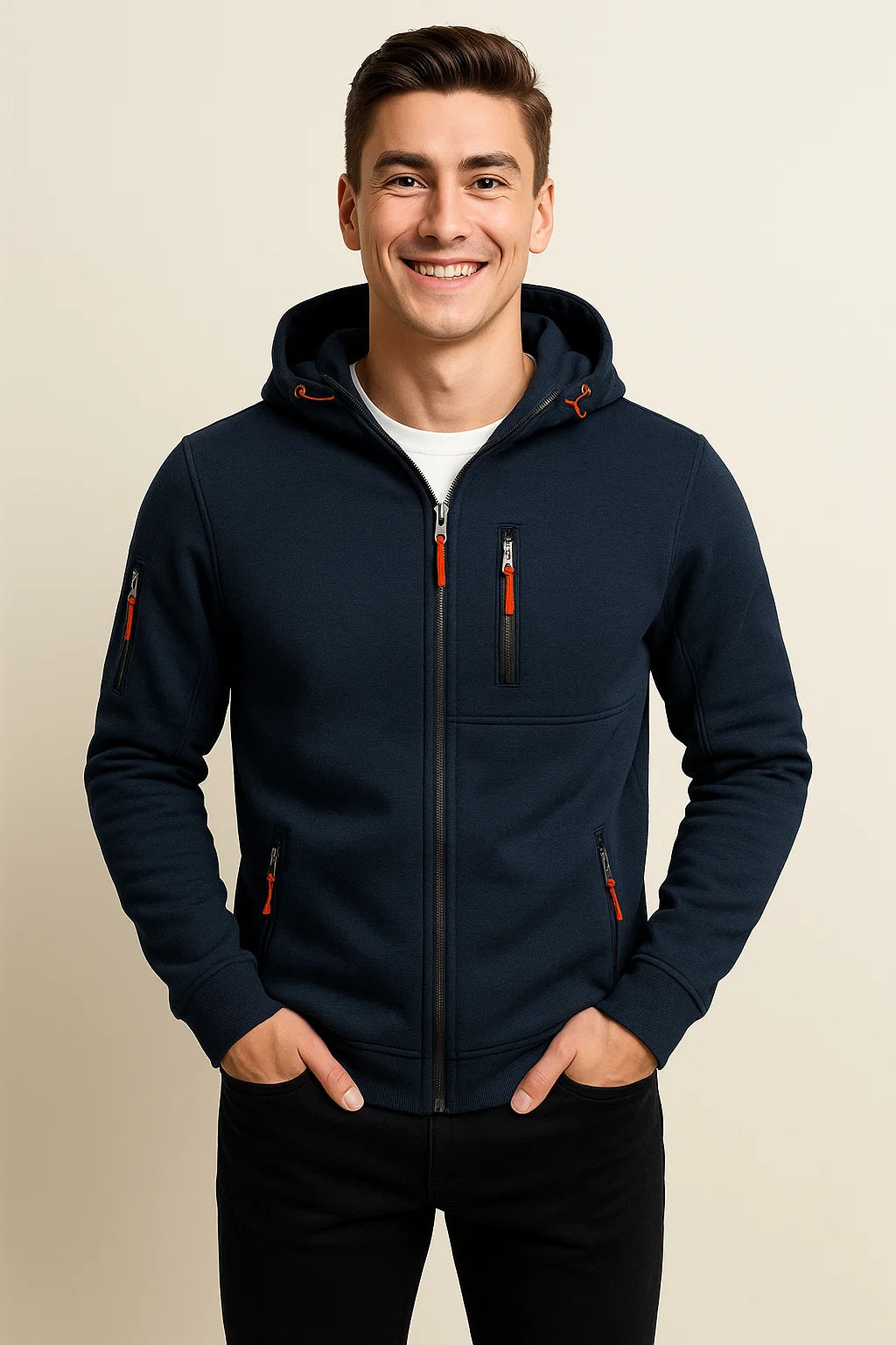 Weicher Herren-Fleece-Kapuzenpullover mit Reißverschluss und Taschen