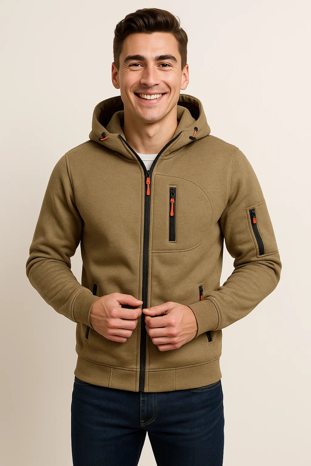 Weicher Herren-Fleece-Kapuzenpullover mit Reißverschluss und Taschen