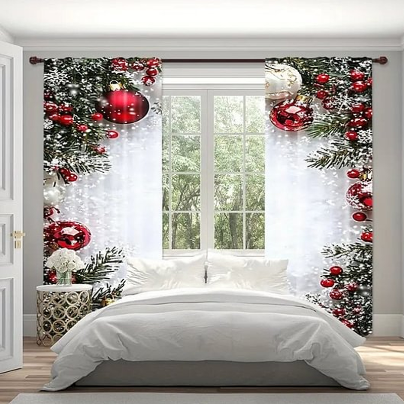 Weihnachtliches Fenstervorhang-Set mit festlichem Polyester-Design