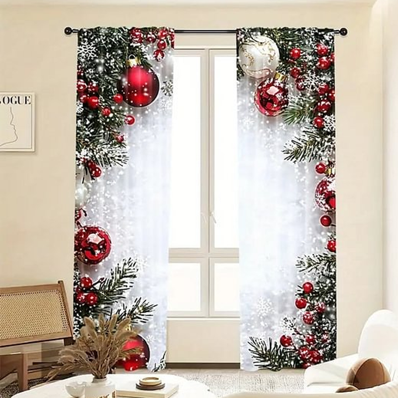 Weihnachtliches Fenstervorhang-Set mit festlichem Polyester-Design