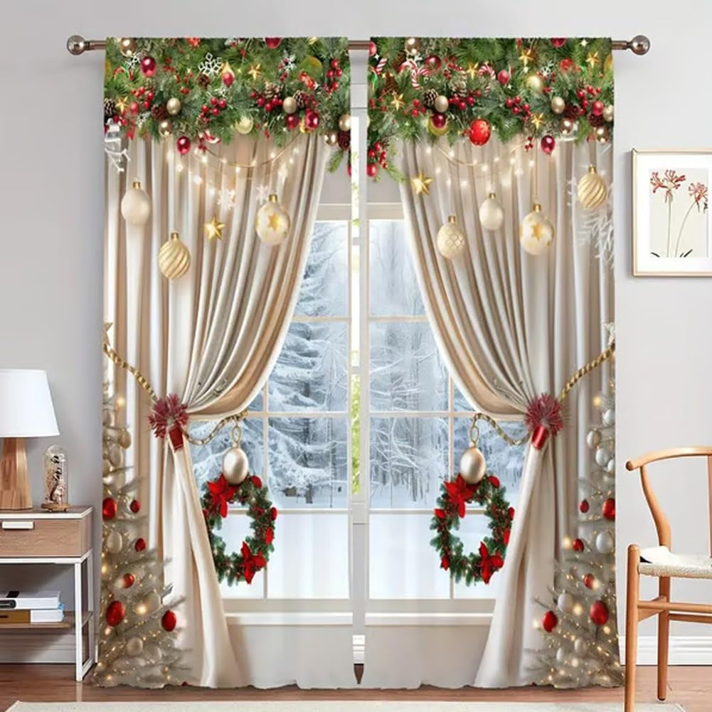 Weihnachtliches Fenstervorhang-Set mit festlichem Polyester-Design