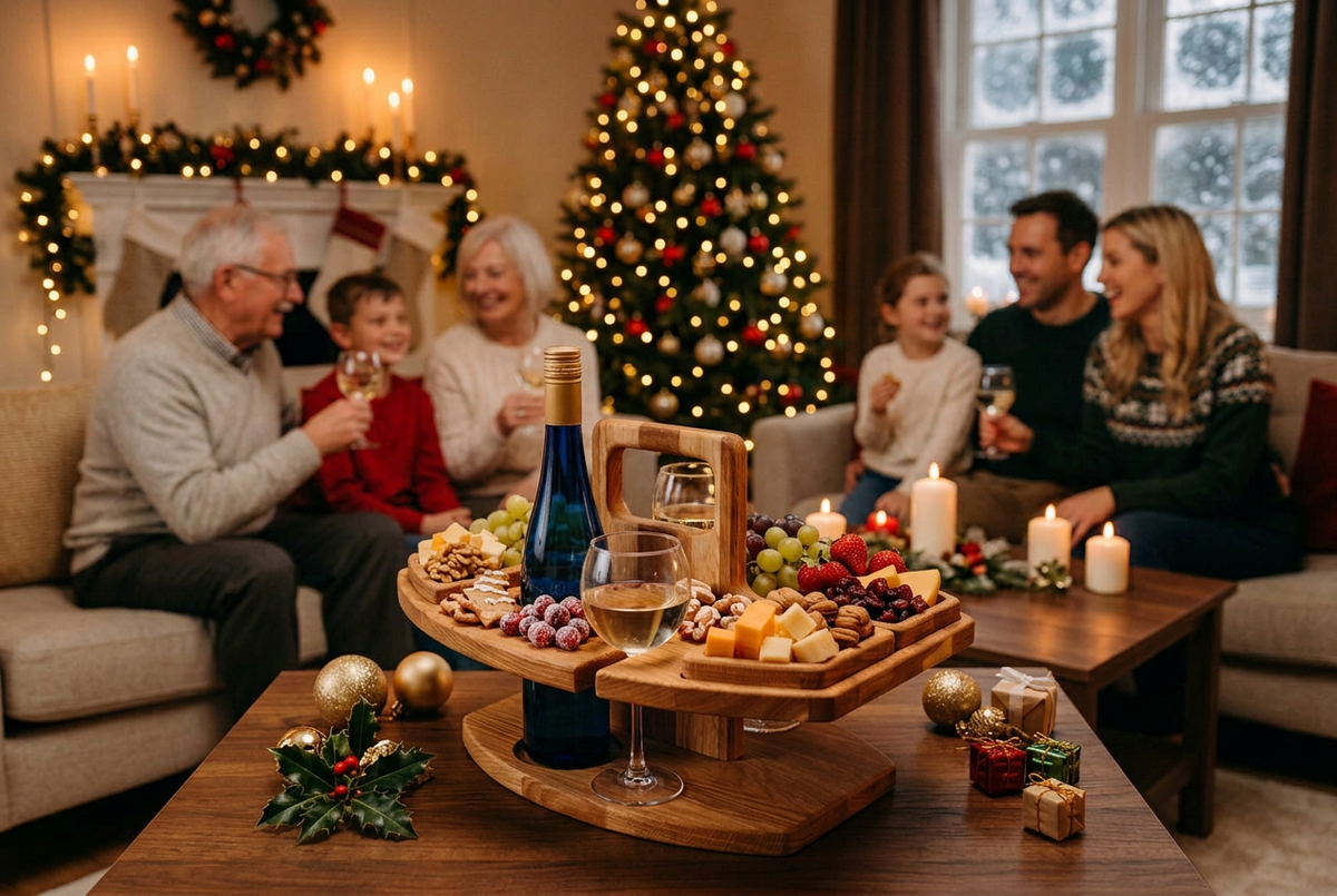 Weihnachtliches Servierbrett aus Holz mit Wein- und Snackhaltern