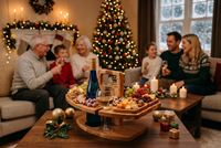 Weihnachtliches Servierbrett aus Holz mit Wein- und Snackhaltern