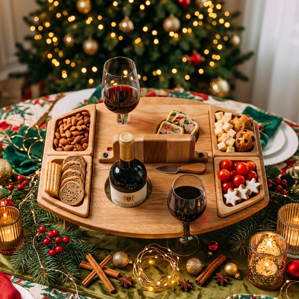 Weihnachtliches Servierbrett aus Holz mit Wein- und Snackhaltern