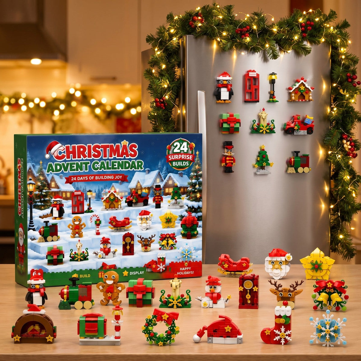 Weihnachts-Kühlschrankmagnet-Adventskalender, 24 Modelle aus Bausteinen