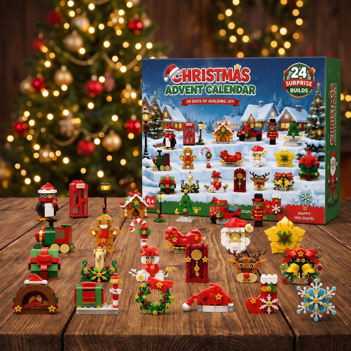 Weihnachts-Kühlschrankmagnet-Adventskalender, 24 Modelle aus Bausteinen