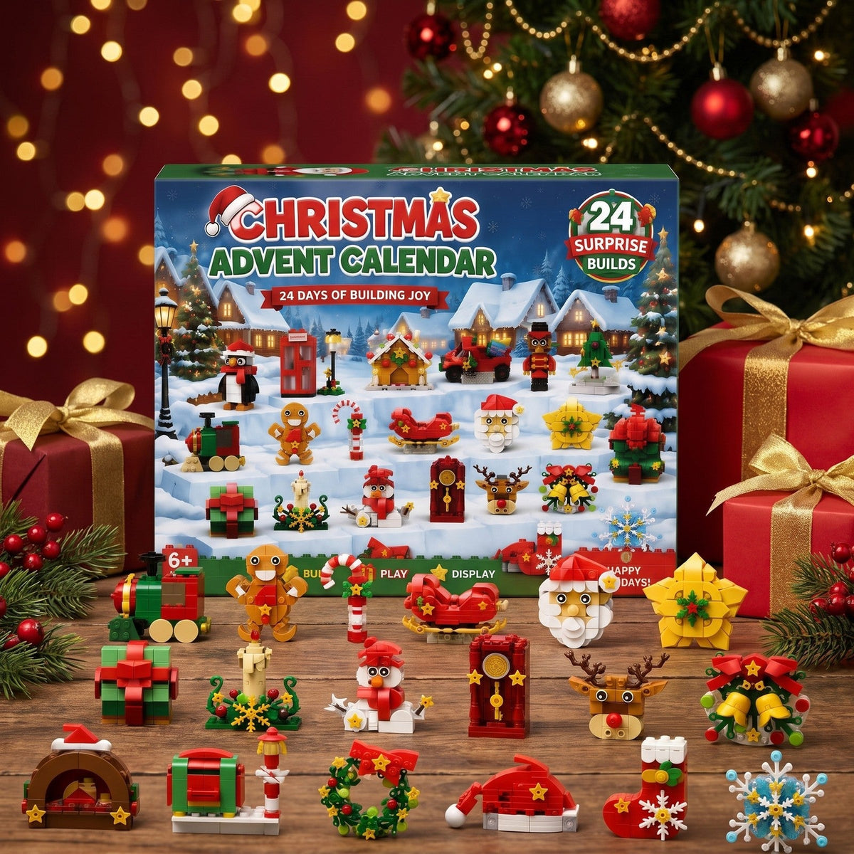 Weihnachts-Kühlschrankmagnet-Adventskalender, 24 Modelle aus Bausteinen