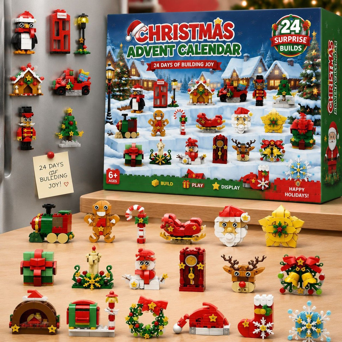 Weihnachts-Kühlschrankmagnet-Adventskalender, 24 Modelle aus Bausteinen