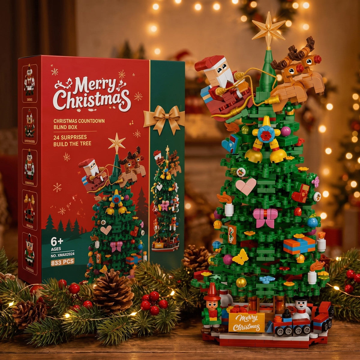 Weihnachtsbaum-Adventskalender mit Bausteinen, 833 Teile in 24 Überraschungsboxen