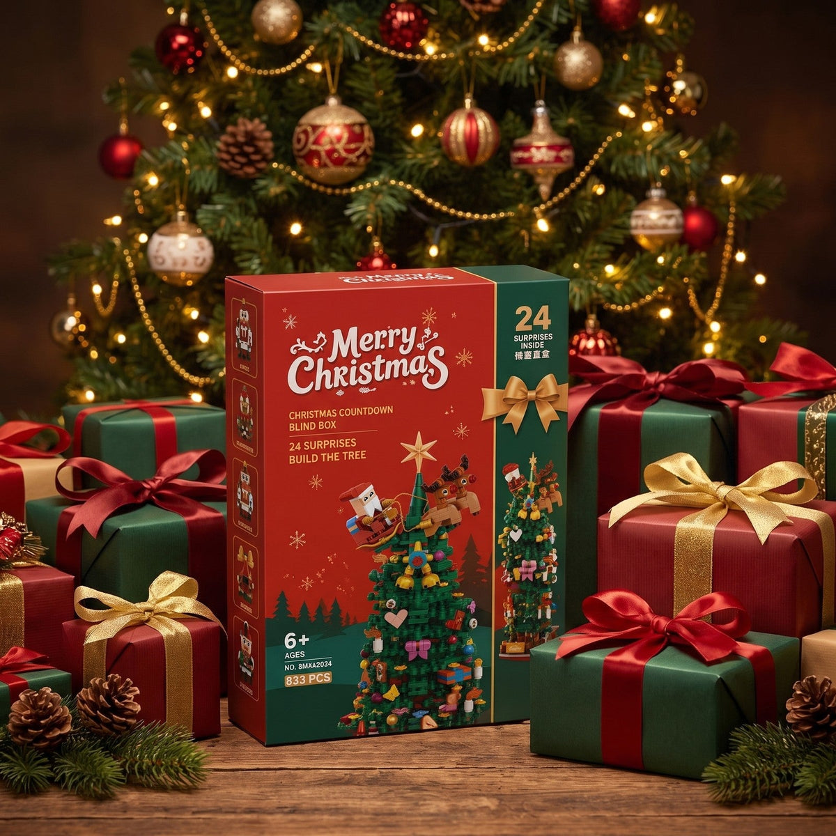 Weihnachtsbaum-Adventskalender mit Bausteinen, 833 Teile in 24 Überraschungsboxen