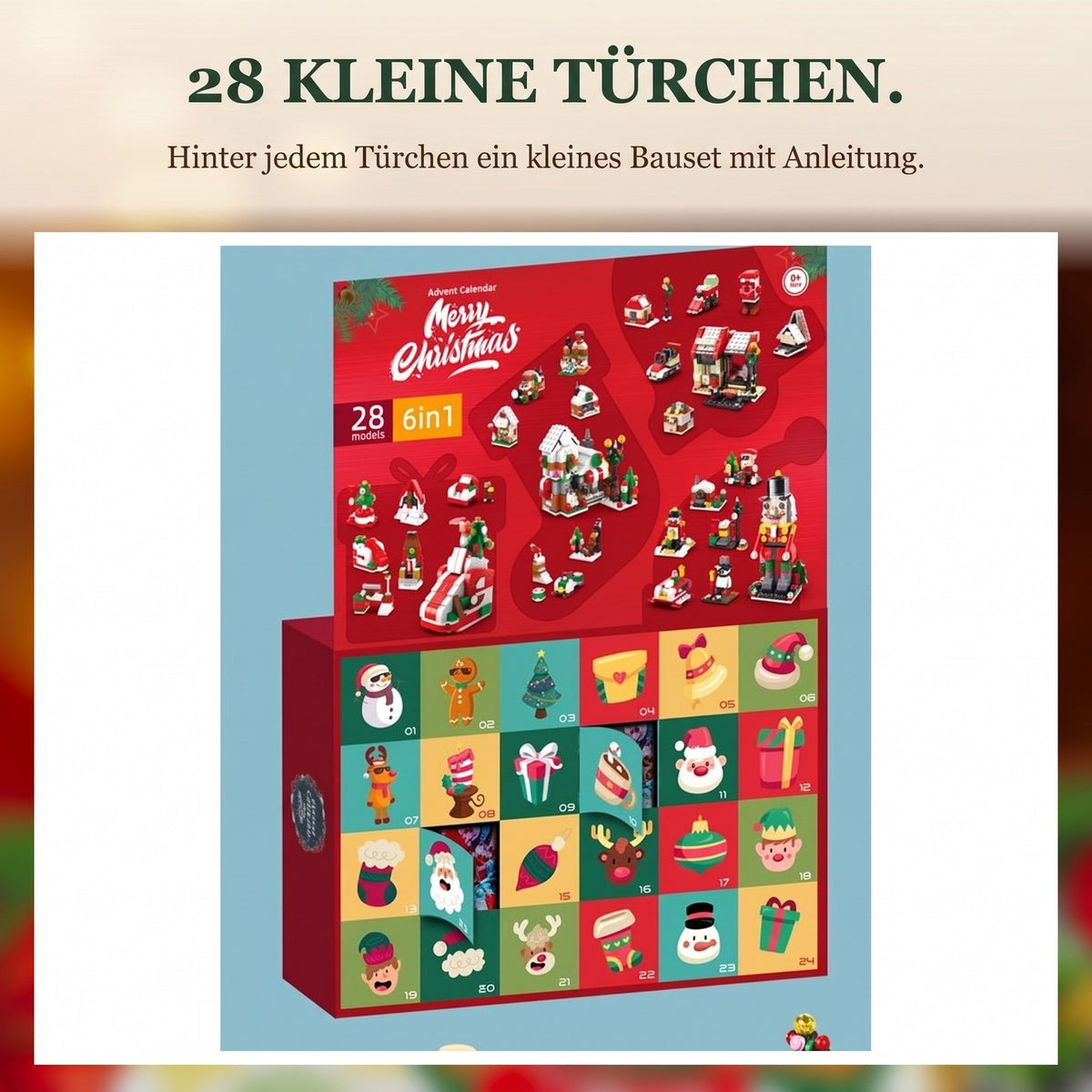 Weihnachtsdorf-Adventskalender, 28 Modelle 6-in-1, Nussknacker, Schlitten oder Weihnachtsbaum