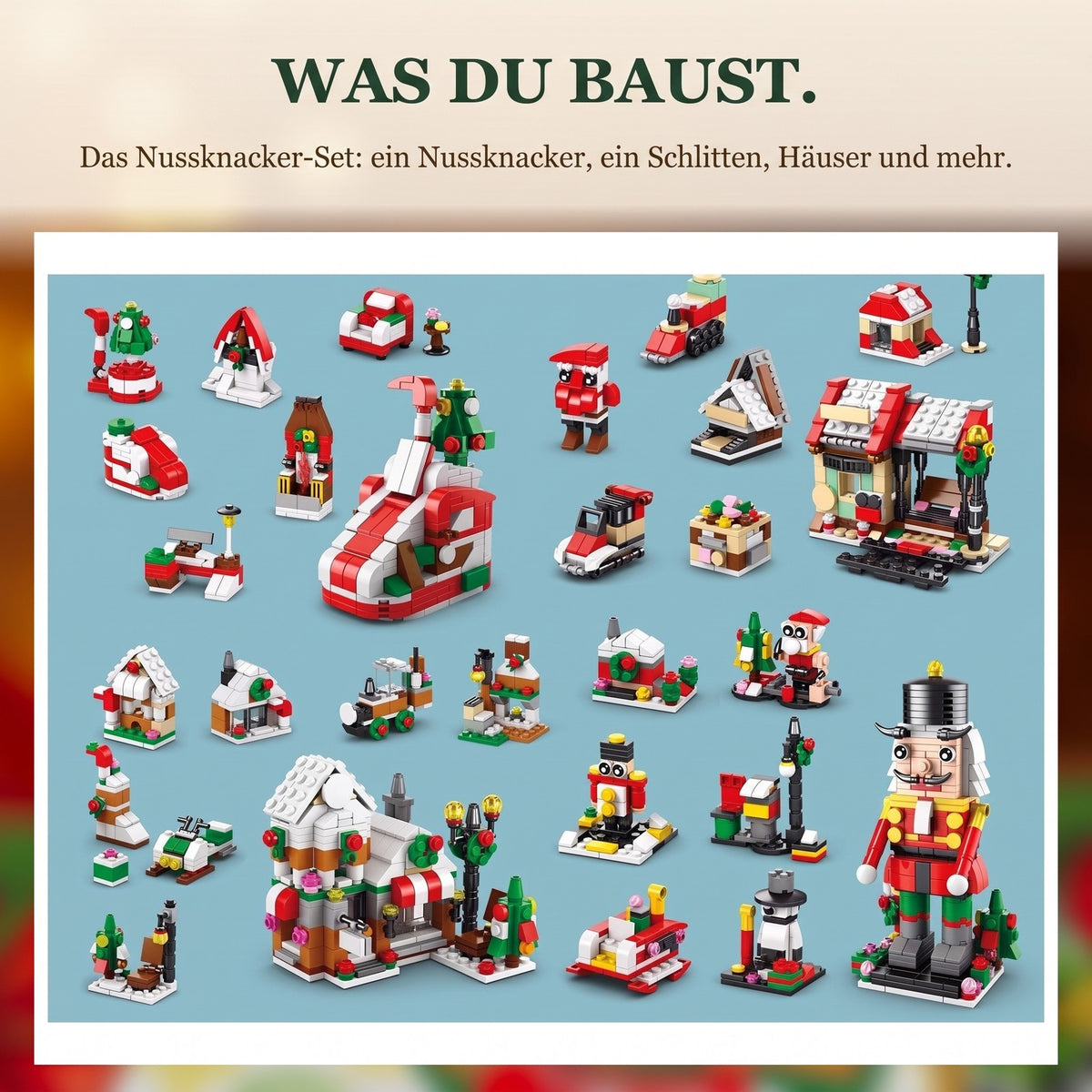 Weihnachtsdorf-Adventskalender, 28 Modelle 6-in-1, Nussknacker, Schlitten oder Weihnachtsbaum