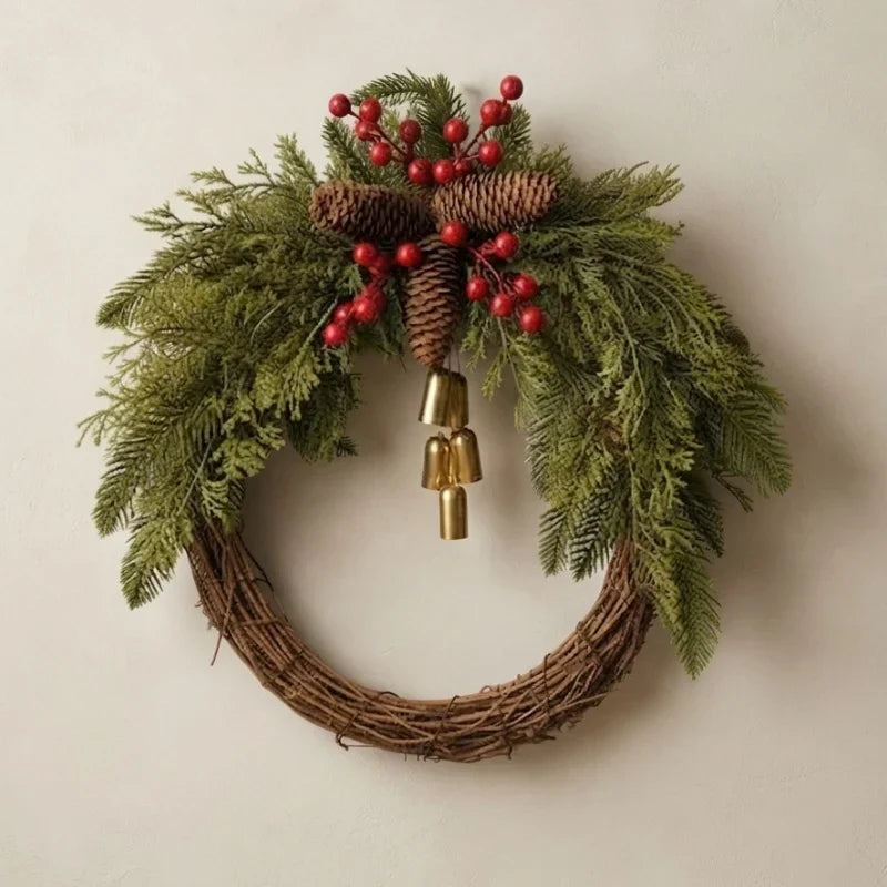 Weihnachtskranz mit goldenen Glocken, Tannenzapfen und künstlichem Tannengrün auf Rebenbasis