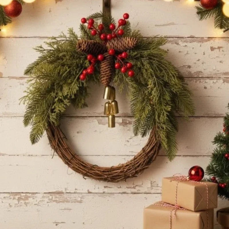 Weihnachtskranz mit goldenen Glocken, Tannenzapfen und künstlichem Tannengrün auf Rebenbasis