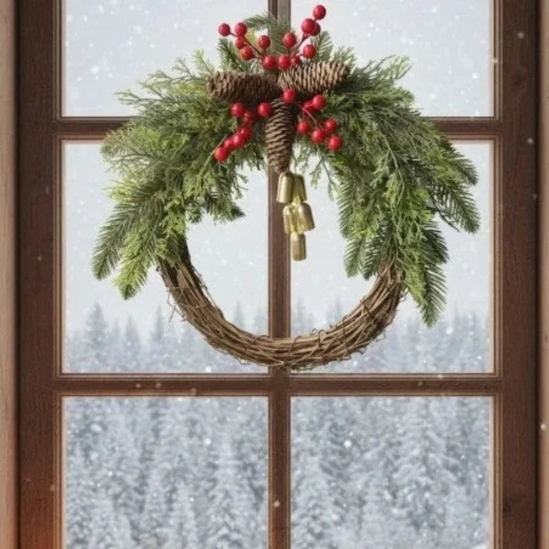 Weihnachtskranz mit goldenen Glocken, Tannenzapfen und künstlichem Tannengrün auf Rebenbasis