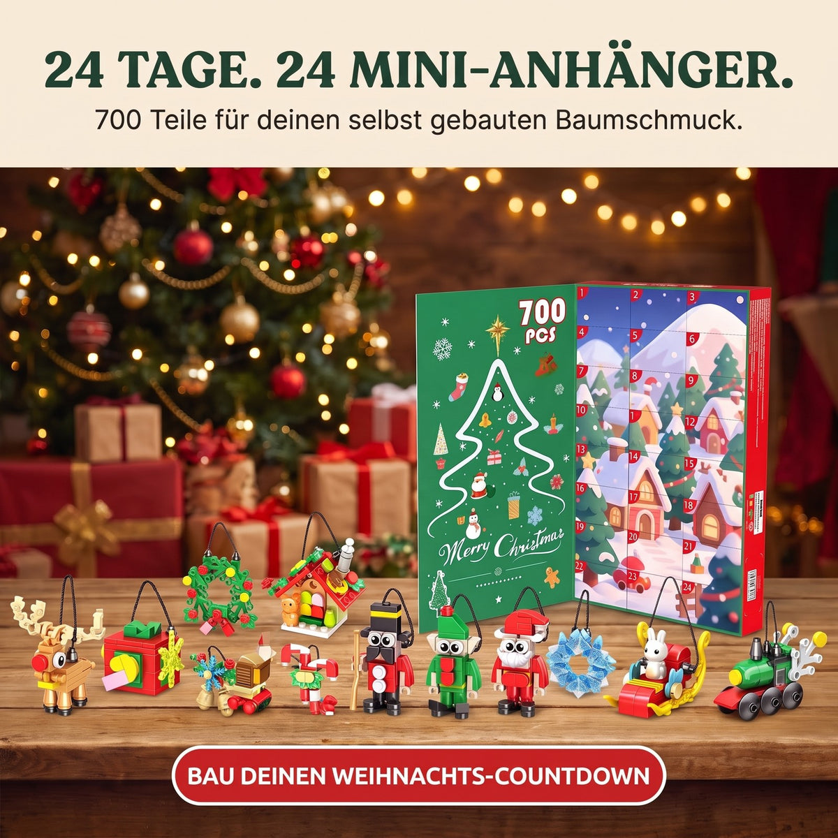 Weihnachtsschmuck-Adventskalender aus Bausteinen, 24 Anhänger zum Bauen, 700 Teile