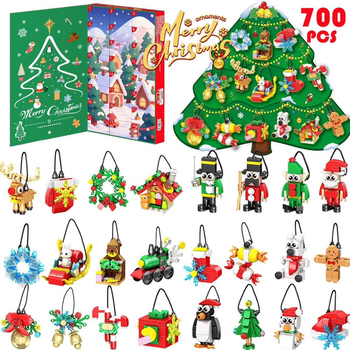 Weihnachtsschmuck-Adventskalender aus Bausteinen, 24 Anhänger zum Bauen, 700 Teile