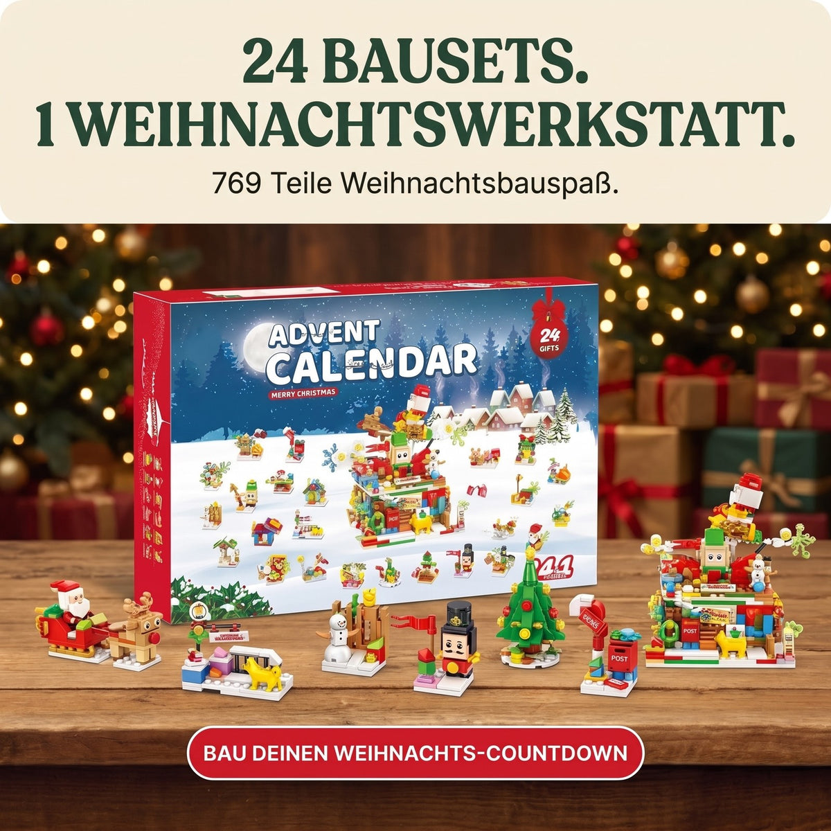 Weihnachtswerkstatt-Adventskalender, 24-in-1-Weihnachtsmodelle aus Bausteinen, 769 Teile
