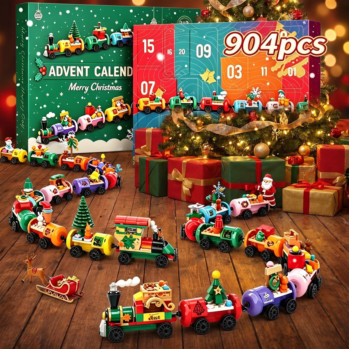 Weihnachtszug-Adventskalender, 904-teiliges Zug-Bauset aus Bausteinen