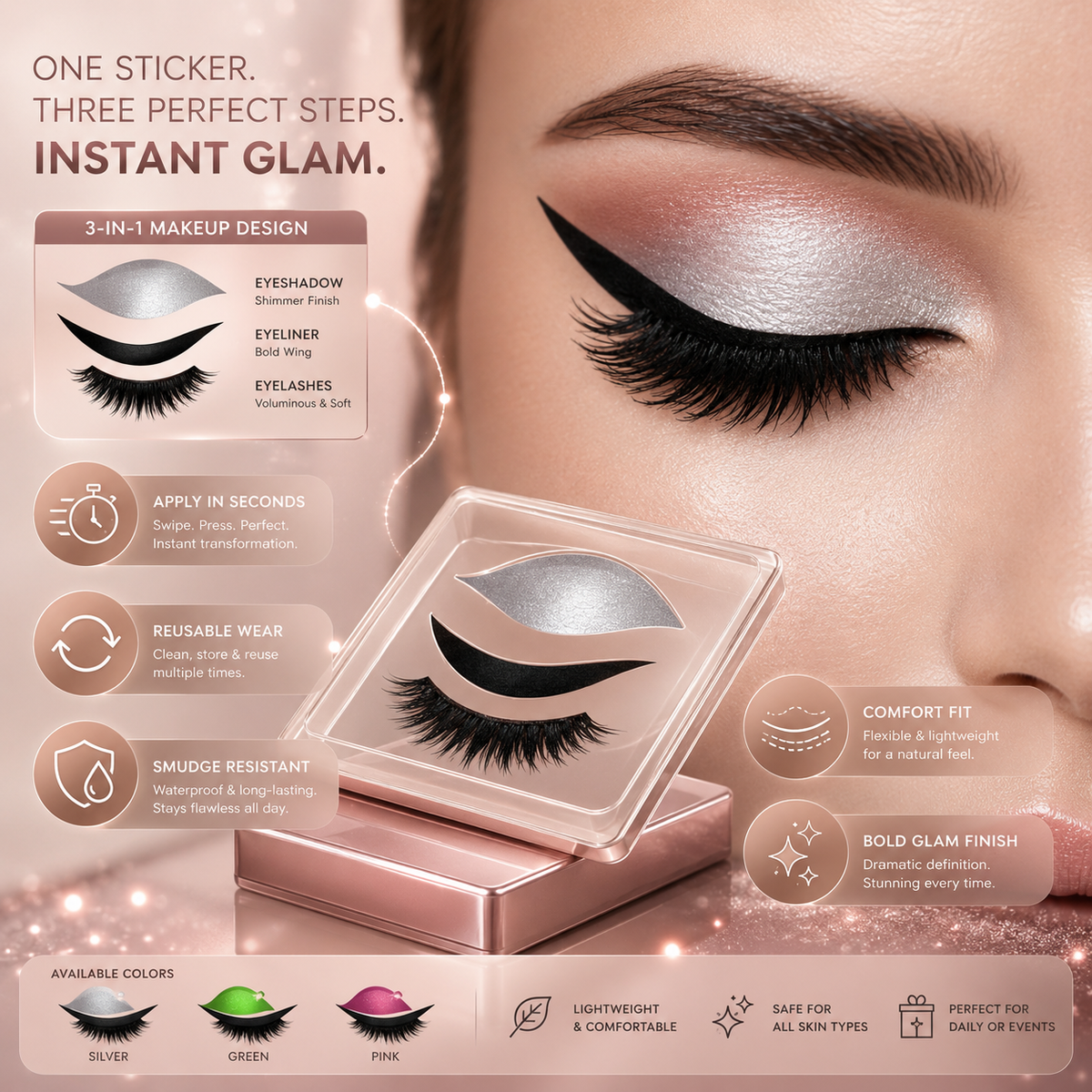 Wiederverwendbare selbstklebende künstliche Wimpern mit Lidschatten und Eyeliner 3-in-1