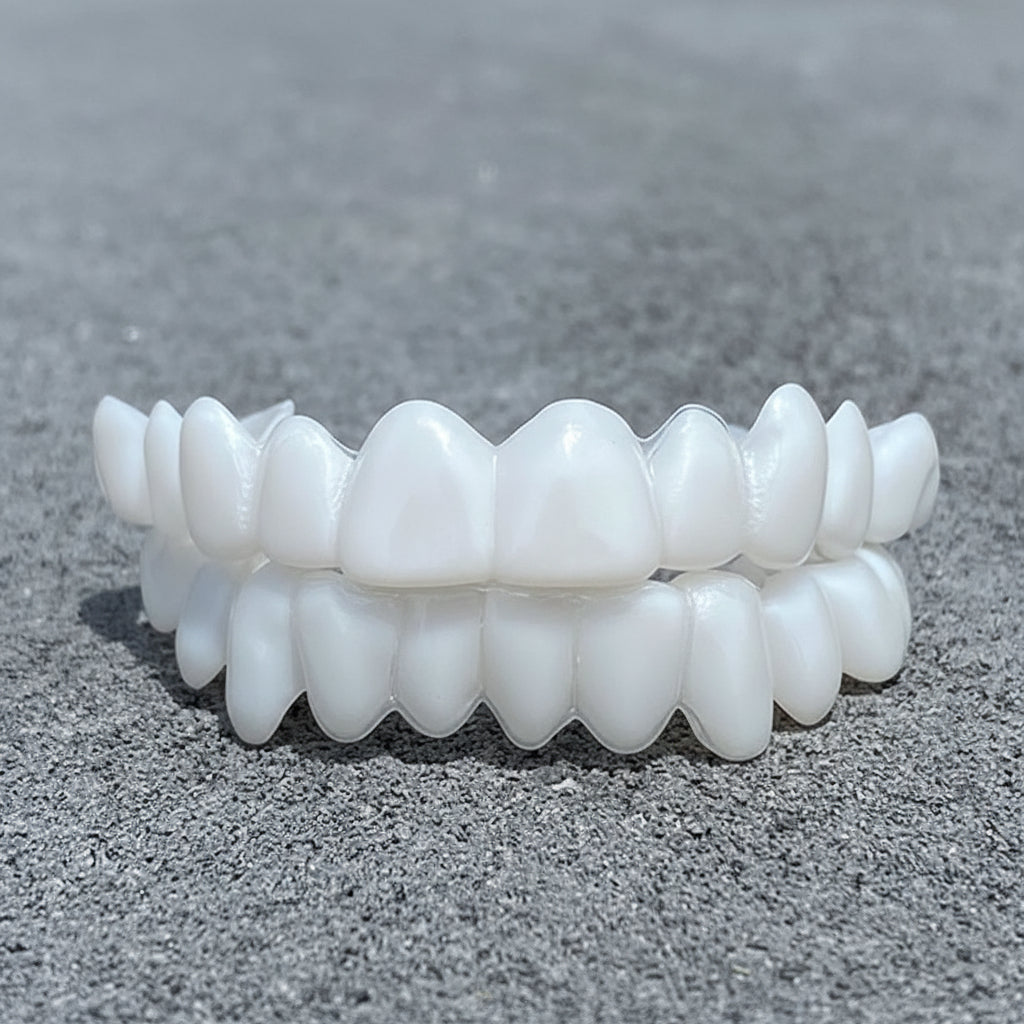 Zahnprothese mit weißen Zahnblenden
