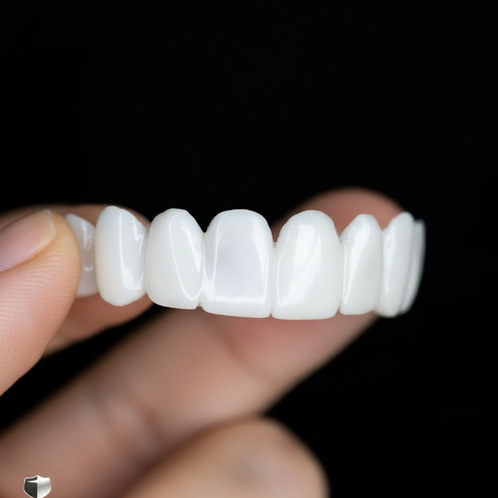 Zahnprothese mit weißen Zahnblenden