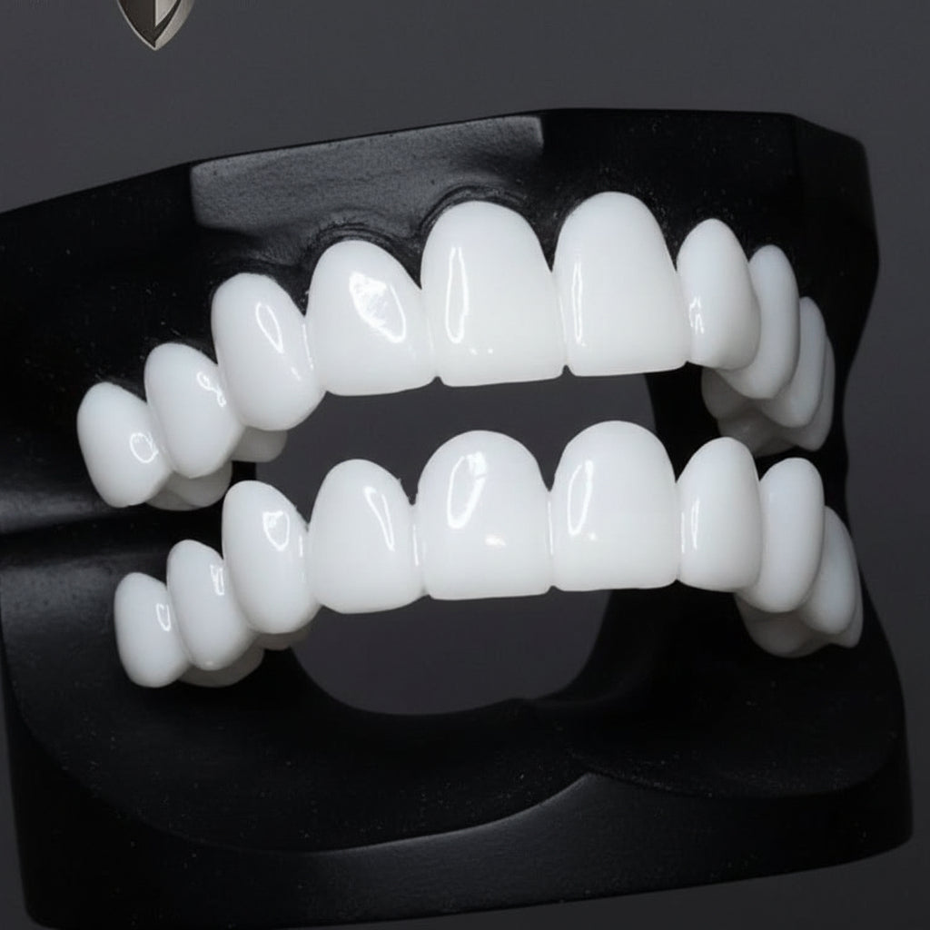 Zahnprothese mit weißen Zahnblenden