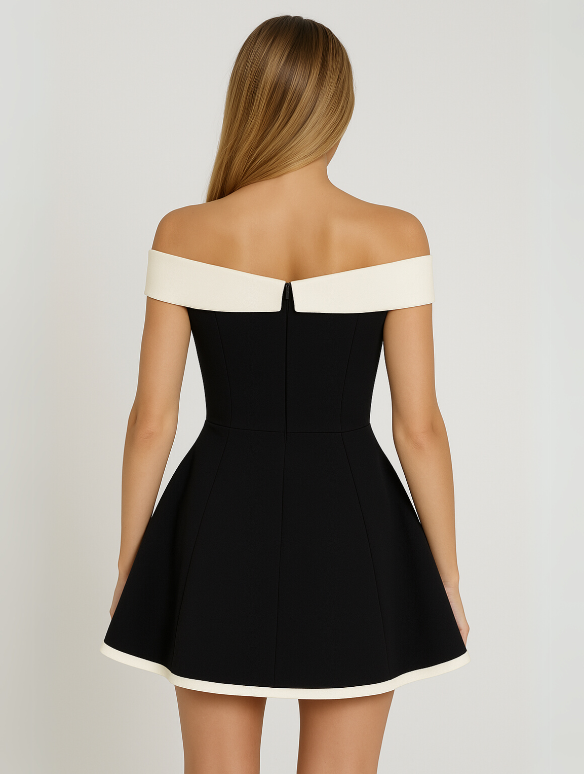 Zeitloses schulterfreies Kontrast-Minikleid